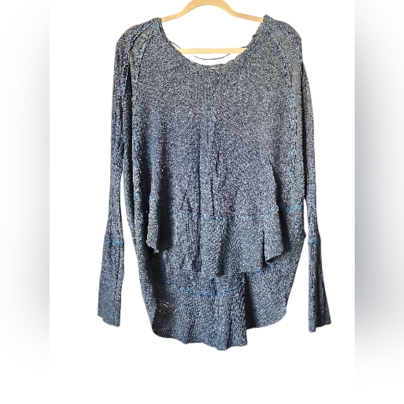 Free People We The Free Catalina Thermal Top Blue V-Neck Waffle Knit High Low M - Picture 2 of 6